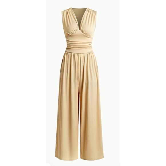 Women’s Apricot Ribbed V-Neck Sleeveless Wide-Leg Jumpsuit –  (Size XL) - Picture 1 of 5